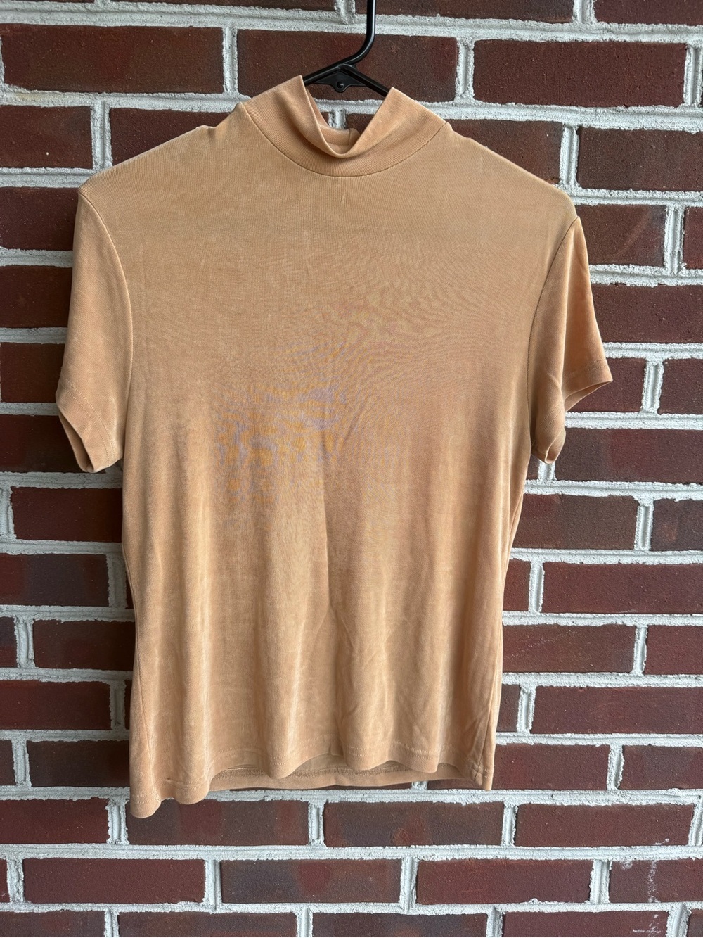 90s Slinky Knit, Acetate Mock Neck, Whimsigoth, Tan Velvet, Minimalist Vintage L